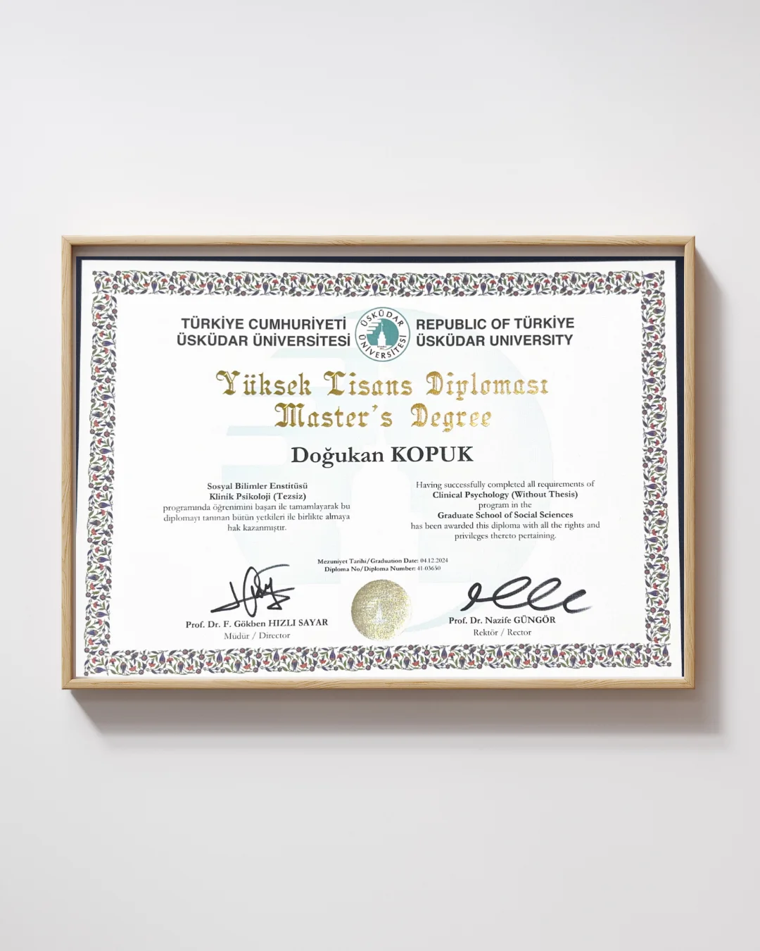Üsküdar Üniversitesi Klinik Psikoloji yüksek lisans diploması, Doğukan Kopuk