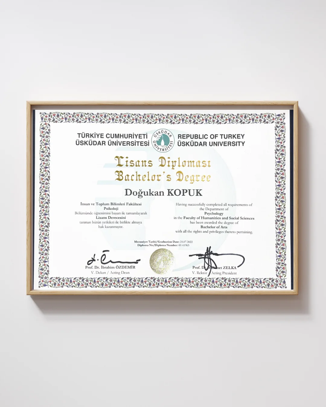 Üsküdar Üniversitesi Psikoloji lisans diploması, Doğukan Kopuk